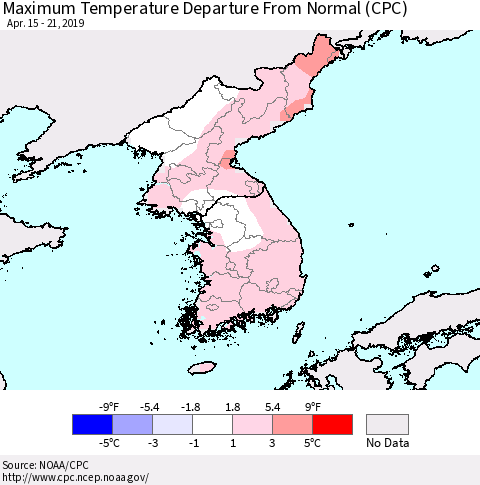 Korea Mean Maximum Temperature Departure from Normal (CPC) Thematic Map For 4/15/2019 - 4/21/2019