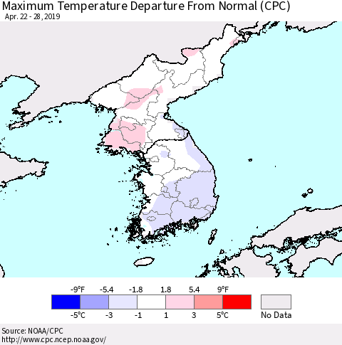 Korea Mean Maximum Temperature Departure from Normal (CPC) Thematic Map For 4/22/2019 - 4/28/2019