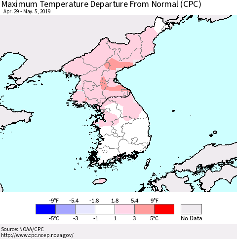 Korea Mean Maximum Temperature Departure from Normal (CPC) Thematic Map For 4/29/2019 - 5/5/2019