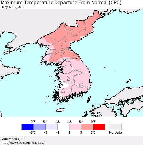 Korea Mean Maximum Temperature Departure from Normal (CPC) Thematic Map For 5/6/2019 - 5/12/2019