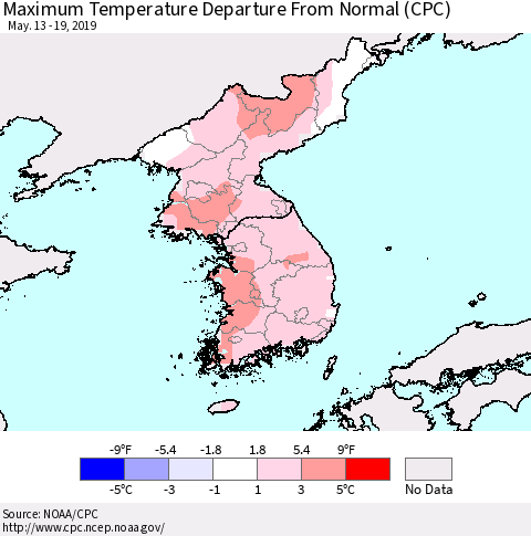 Korea Mean Maximum Temperature Departure from Normal (CPC) Thematic Map For 5/13/2019 - 5/19/2019