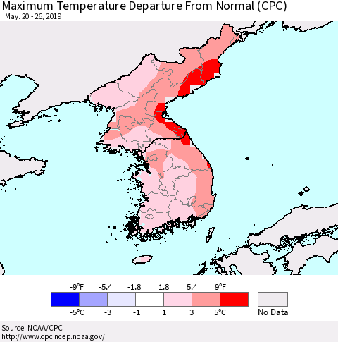 Korea Mean Maximum Temperature Departure from Normal (CPC) Thematic Map For 5/20/2019 - 5/26/2019