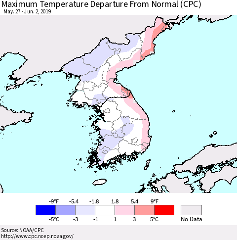 Korea Mean Maximum Temperature Departure from Normal (CPC) Thematic Map For 5/27/2019 - 6/2/2019