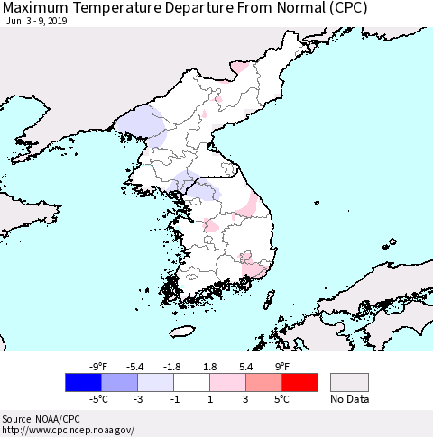 Korea Mean Maximum Temperature Departure from Normal (CPC) Thematic Map For 6/3/2019 - 6/9/2019