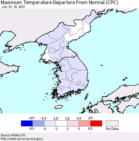 Korea Mean Maximum Temperature Departure from Normal (CPC) Thematic Map For 6/10/2019 - 6/16/2019