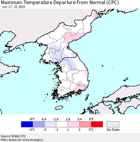 Korea Mean Maximum Temperature Departure from Normal (CPC) Thematic Map For 6/17/2019 - 6/23/2019
