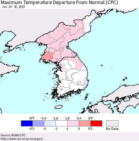 Korea Mean Maximum Temperature Departure from Normal (CPC) Thematic Map For 6/24/2019 - 6/30/2019