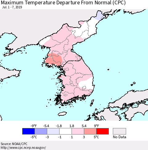 Korea Mean Maximum Temperature Departure from Normal (CPC) Thematic Map For 7/1/2019 - 7/7/2019