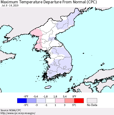 Korea Mean Maximum Temperature Departure from Normal (CPC) Thematic Map For 7/8/2019 - 7/14/2019