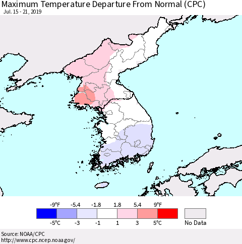 Korea Mean Maximum Temperature Departure from Normal (CPC) Thematic Map For 7/15/2019 - 7/21/2019
