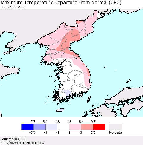 Korea Mean Maximum Temperature Departure from Normal (CPC) Thematic Map For 7/22/2019 - 7/28/2019