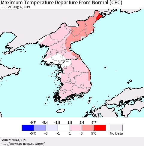 Korea Mean Maximum Temperature Departure from Normal (CPC) Thematic Map For 7/29/2019 - 8/4/2019