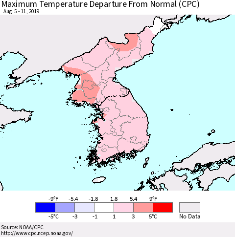 Korea Mean Maximum Temperature Departure from Normal (CPC) Thematic Map For 8/5/2019 - 8/11/2019