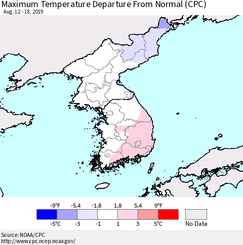 Korea Mean Maximum Temperature Departure from Normal (CPC) Thematic Map For 8/12/2019 - 8/18/2019