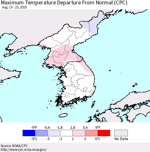 Korea Mean Maximum Temperature Departure from Normal (CPC) Thematic Map For 8/19/2019 - 8/25/2019