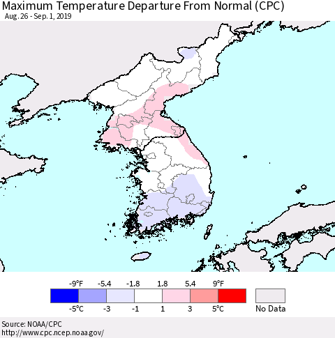 Korea Mean Maximum Temperature Departure from Normal (CPC) Thematic Map For 8/26/2019 - 9/1/2019