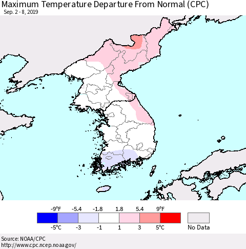 Korea Mean Maximum Temperature Departure from Normal (CPC) Thematic Map For 9/2/2019 - 9/8/2019