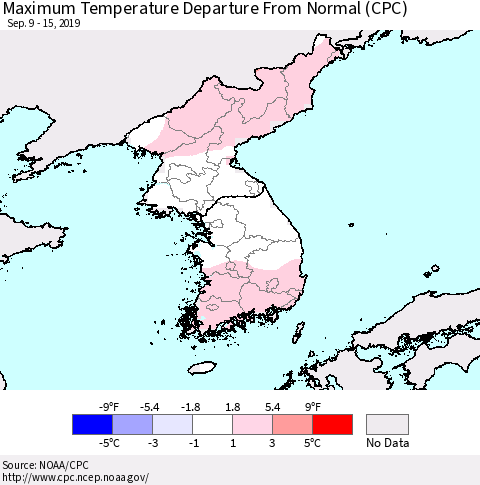 Korea Mean Maximum Temperature Departure from Normal (CPC) Thematic Map For 9/9/2019 - 9/15/2019