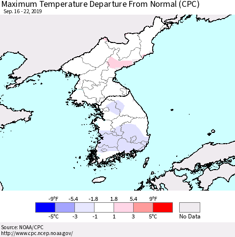 Korea Mean Maximum Temperature Departure from Normal (CPC) Thematic Map For 9/16/2019 - 9/22/2019