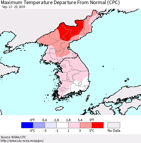 Korea Mean Maximum Temperature Departure from Normal (CPC) Thematic Map For 9/23/2019 - 9/29/2019