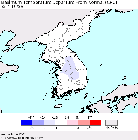 Korea Mean Maximum Temperature Departure from Normal (CPC) Thematic Map For 10/7/2019 - 10/13/2019
