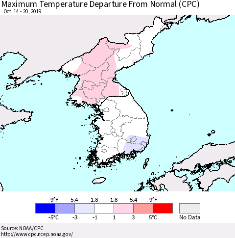 Korea Mean Maximum Temperature Departure from Normal (CPC) Thematic Map For 10/14/2019 - 10/20/2019
