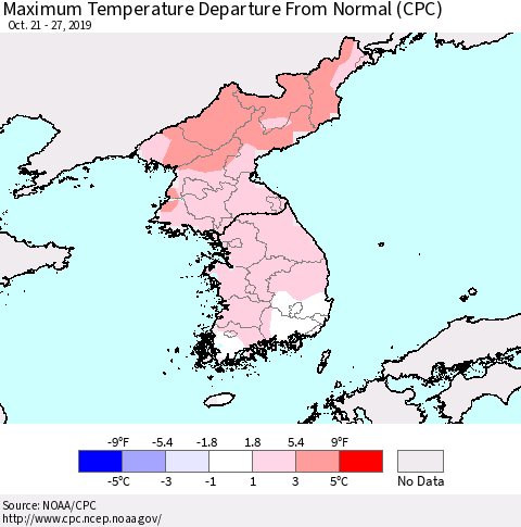 Korea Mean Maximum Temperature Departure from Normal (CPC) Thematic Map For 10/21/2019 - 10/27/2019