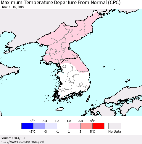 Korea Mean Maximum Temperature Departure from Normal (CPC) Thematic Map For 11/4/2019 - 11/10/2019