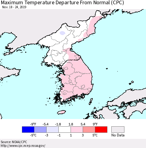 Korea Mean Maximum Temperature Departure from Normal (CPC) Thematic Map For 11/18/2019 - 11/24/2019