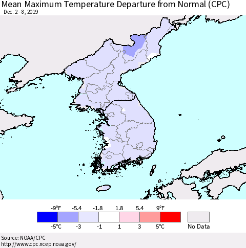 Korea Mean Maximum Temperature Departure from Normal (CPC) Thematic Map For 12/2/2019 - 12/8/2019