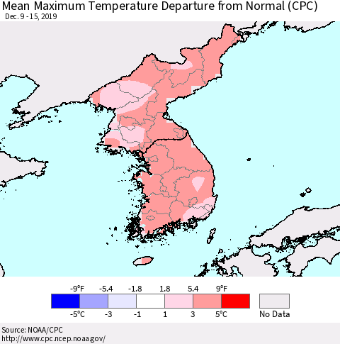 Korea Mean Maximum Temperature Departure from Normal (CPC) Thematic Map For 12/9/2019 - 12/15/2019