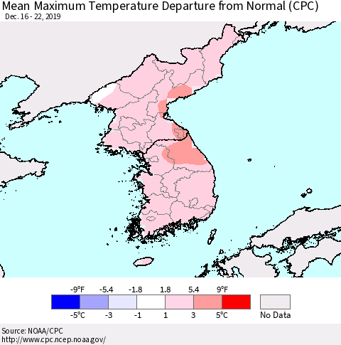Korea Mean Maximum Temperature Departure from Normal (CPC) Thematic Map For 12/16/2019 - 12/22/2019