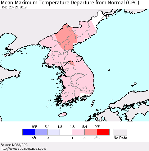 Korea Mean Maximum Temperature Departure from Normal (CPC) Thematic Map For 12/23/2019 - 12/29/2019