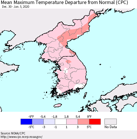 Korea Mean Maximum Temperature Departure from Normal (CPC) Thematic Map For 12/30/2019 - 1/5/2020
