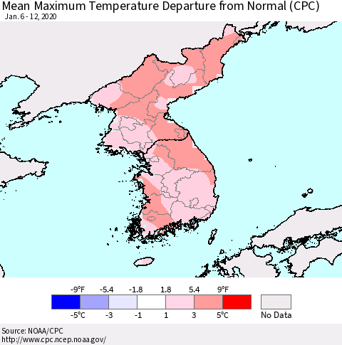 Korea Mean Maximum Temperature Departure from Normal (CPC) Thematic Map For 1/6/2020 - 1/12/2020