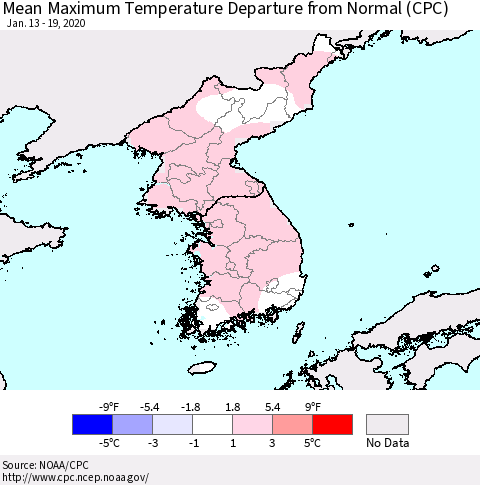 Korea Mean Maximum Temperature Departure from Normal (CPC) Thematic Map For 1/13/2020 - 1/19/2020