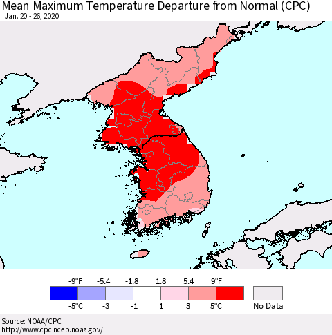Korea Mean Maximum Temperature Departure from Normal (CPC) Thematic Map For 1/20/2020 - 1/26/2020