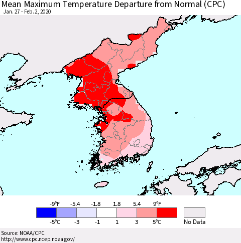 Korea Mean Maximum Temperature Departure from Normal (CPC) Thematic Map For 1/27/2020 - 2/2/2020