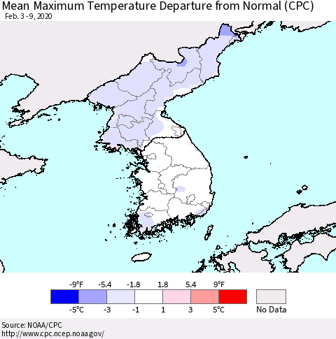 Korea Mean Maximum Temperature Departure from Normal (CPC) Thematic Map For 2/3/2020 - 2/9/2020