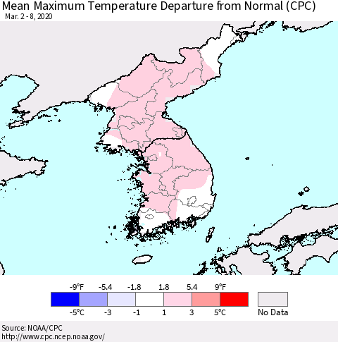 Korea Mean Maximum Temperature Departure from Normal (CPC) Thematic Map For 3/2/2020 - 3/8/2020