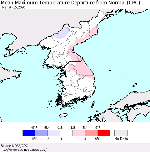 Korea Mean Maximum Temperature Departure from Normal (CPC) Thematic Map For 3/9/2020 - 3/15/2020