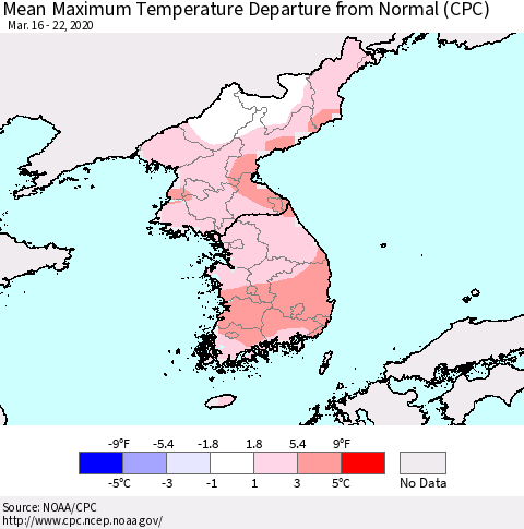 Korea Mean Maximum Temperature Departure from Normal (CPC) Thematic Map For 3/16/2020 - 3/22/2020