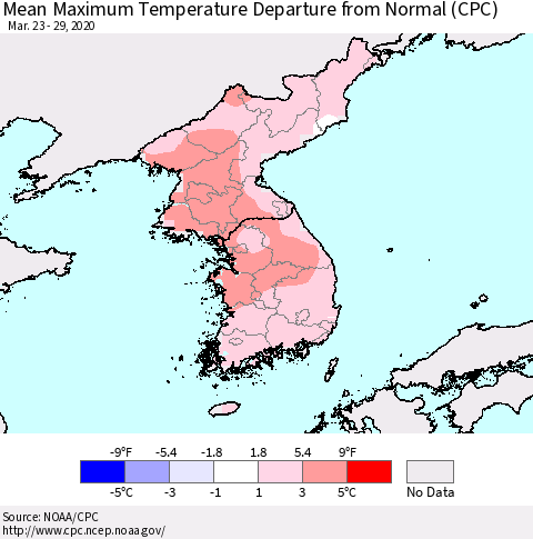 Korea Mean Maximum Temperature Departure from Normal (CPC) Thematic Map For 3/23/2020 - 3/29/2020