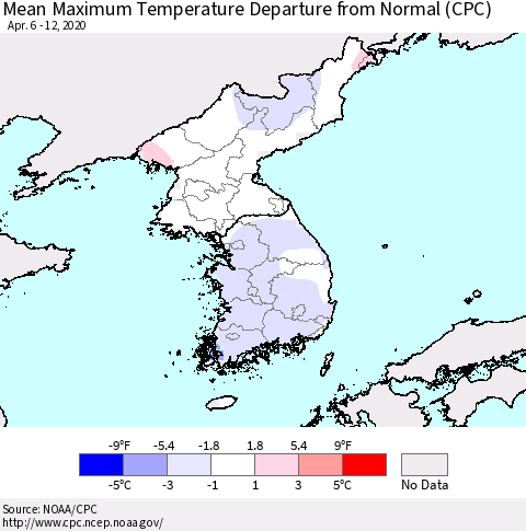 Korea Mean Maximum Temperature Departure from Normal (CPC) Thematic Map For 4/6/2020 - 4/12/2020
