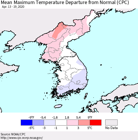 Korea Mean Maximum Temperature Departure from Normal (CPC) Thematic Map For 4/13/2020 - 4/19/2020