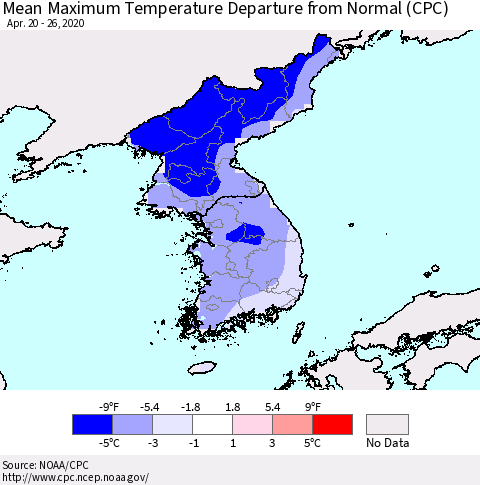 Korea Mean Maximum Temperature Departure from Normal (CPC) Thematic Map For 4/20/2020 - 4/26/2020