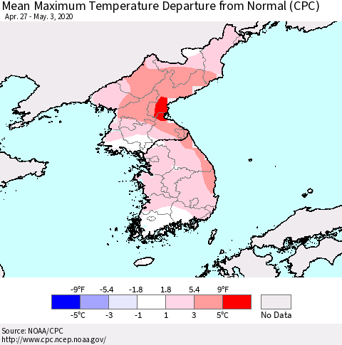 Korea Mean Maximum Temperature Departure from Normal (CPC) Thematic Map For 4/27/2020 - 5/3/2020