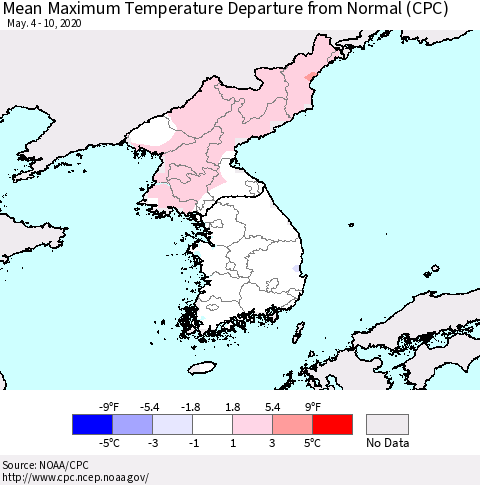 Korea Mean Maximum Temperature Departure from Normal (CPC) Thematic Map For 5/4/2020 - 5/10/2020