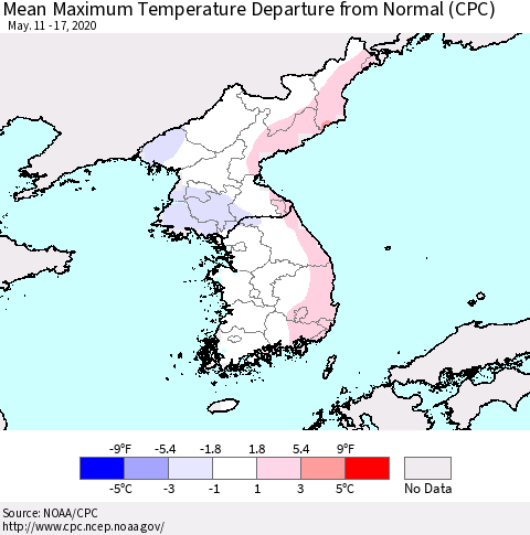 Korea Mean Maximum Temperature Departure from Normal (CPC) Thematic Map For 5/11/2020 - 5/17/2020