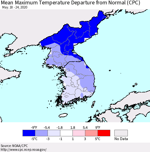 Korea Mean Maximum Temperature Departure from Normal (CPC) Thematic Map For 5/18/2020 - 5/24/2020